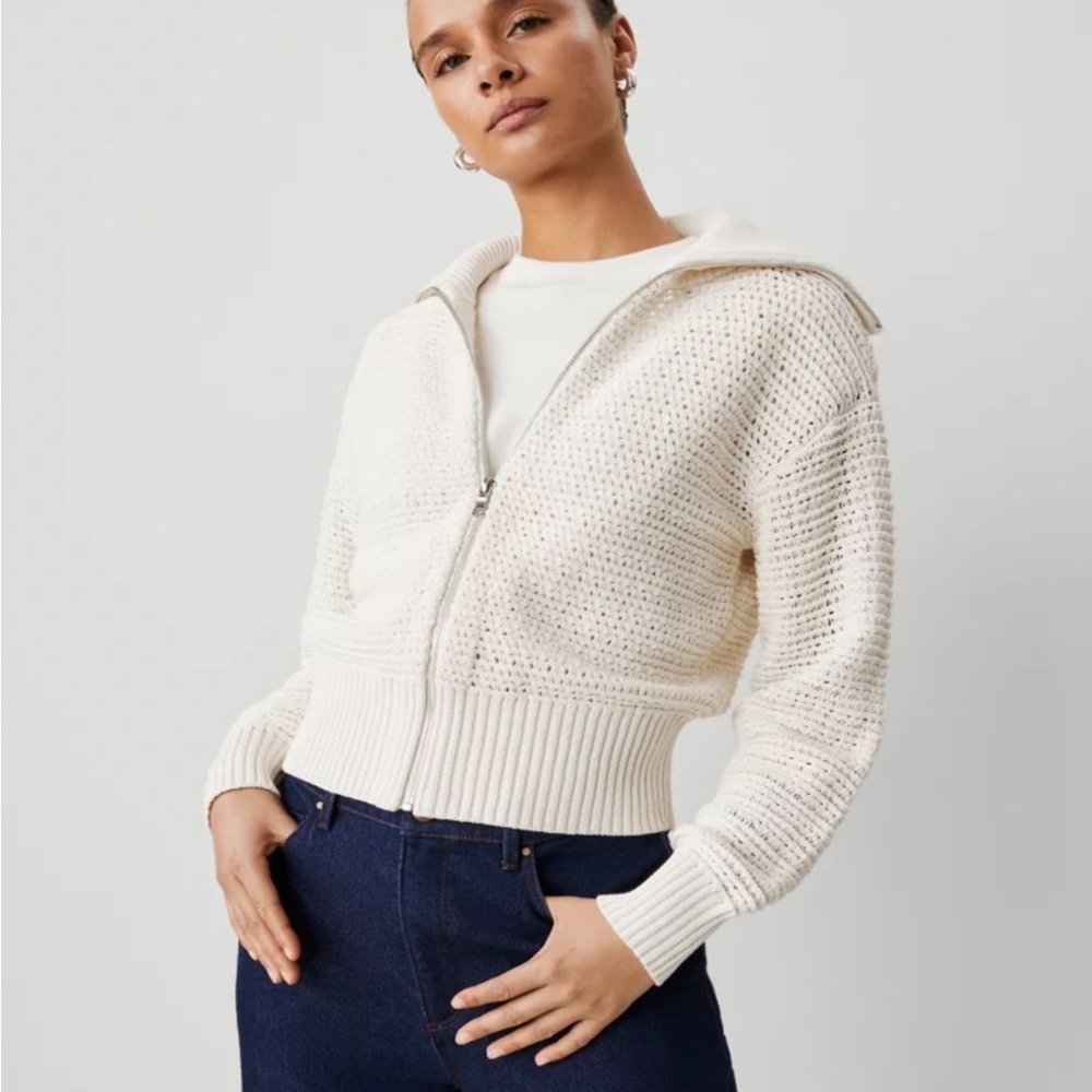 NWT Ann Taylor Weekend Women's Open Stitch Zip Sweater Winter White  Size L